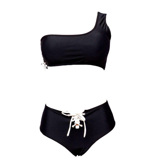 Black One Shoulder Lace Up Bikini with White Laces