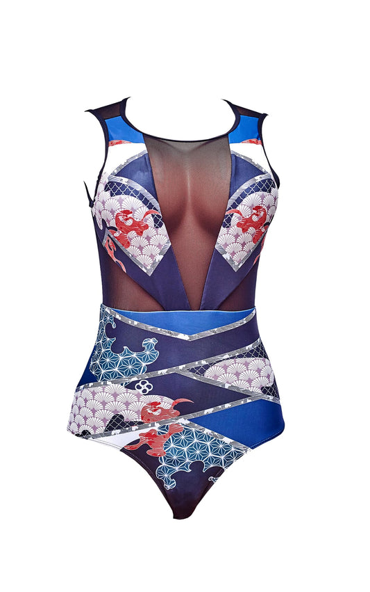 Women's Printed Swimsuit, Mesh Panels, Multicolour Pattern,