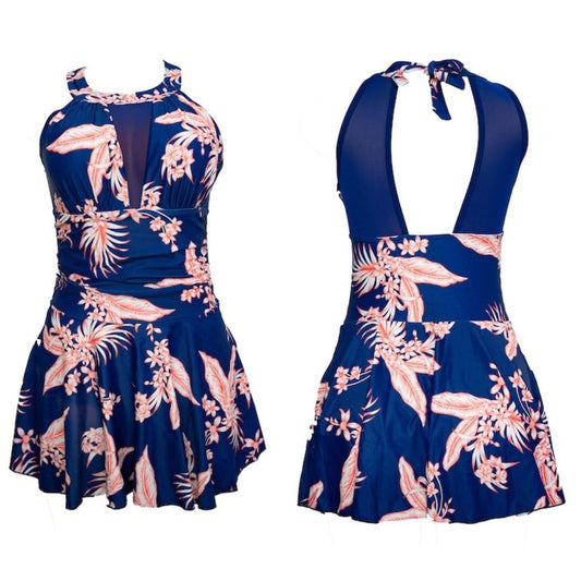 Floral Print Navy Blue Halterneck One Piece Swimsuit