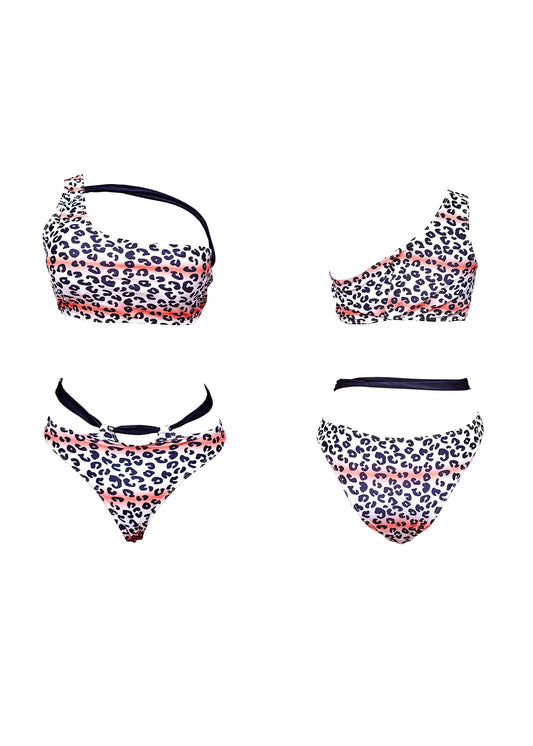 One-Shoulder Leopard Print Bikini Set, White and Coral, Strappy Design