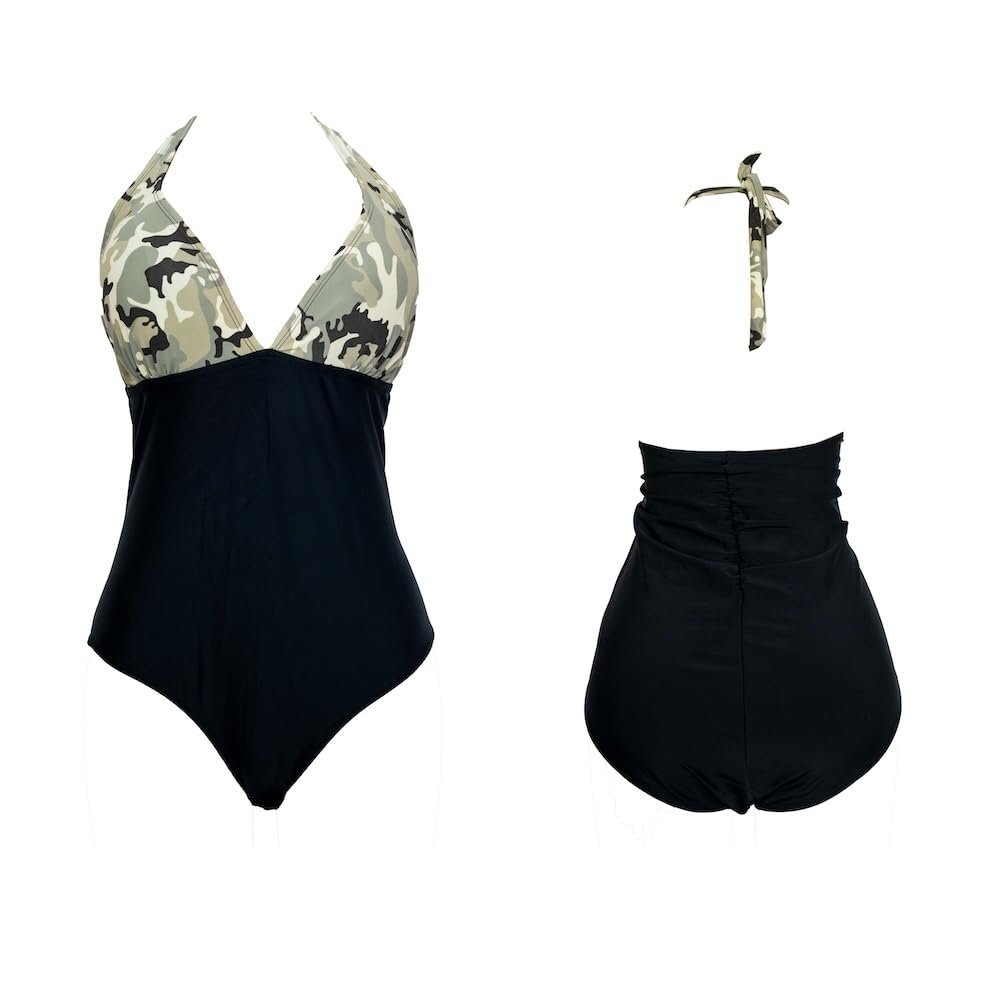 Camo Print Halter Neck One-Piece Swimsuit with Black Bottoms
