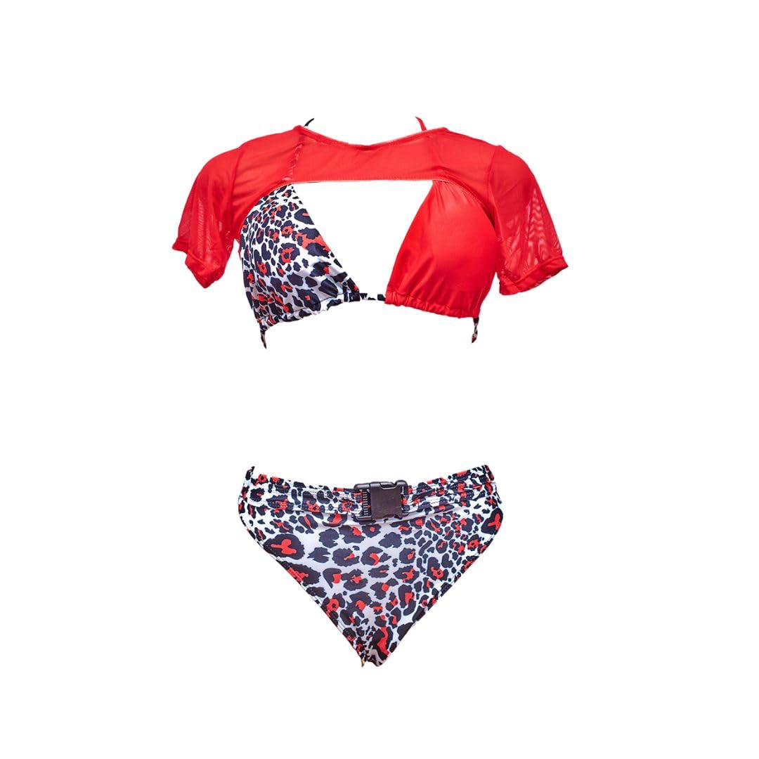 3 Piece Red Leopard Print Bikini Set with Shirt