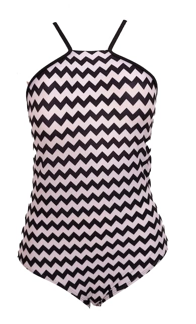 One-Piece Swimsuit with Black and White Chevron Pattern, Halter Neck Design, Open Back