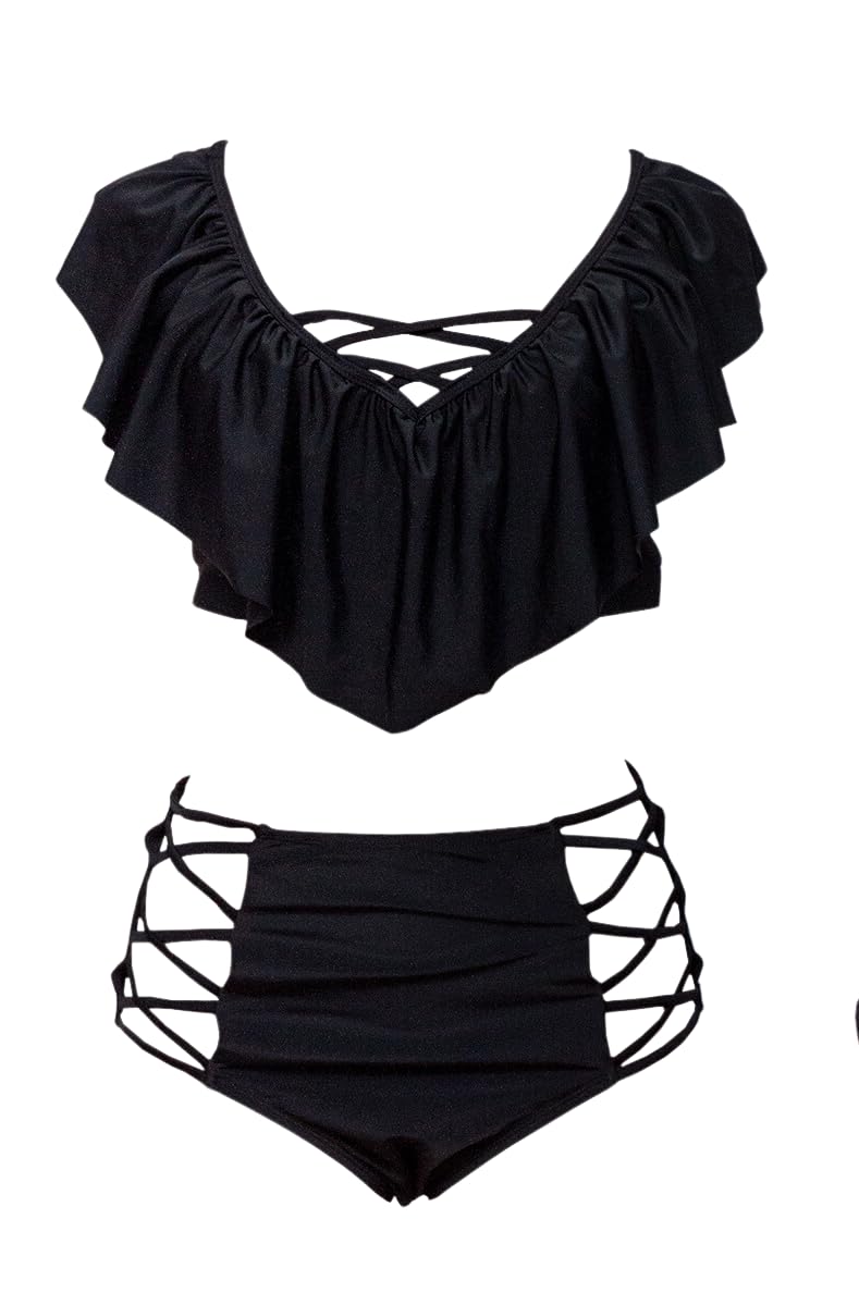 High-Waisted Bikini Set with Ruffled Top and Ladder Cutout Bottoms, Black
