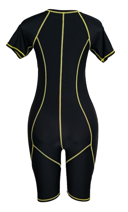 Short Sleeve One-Piece Modest Swimsuit, Black with Yellow Contrast Stitching, Knee-Length