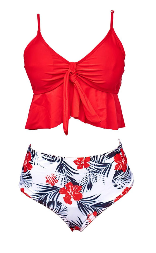 Women's Two-Piece Tankini Swimsuit, Red Ruffle Top with Floral High-Waisted Bottom, Navy and White Tropical Print