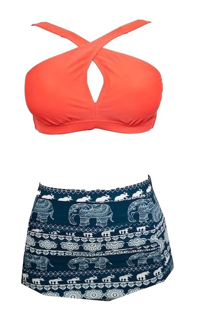 High-Waisted Two-Piece Swimsuit, Coral Halter Top with Elephant Print Bottom