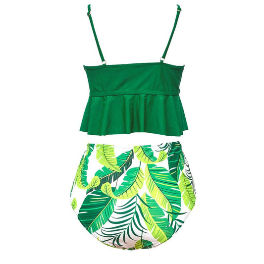 Green & White Leaf Print Tankini