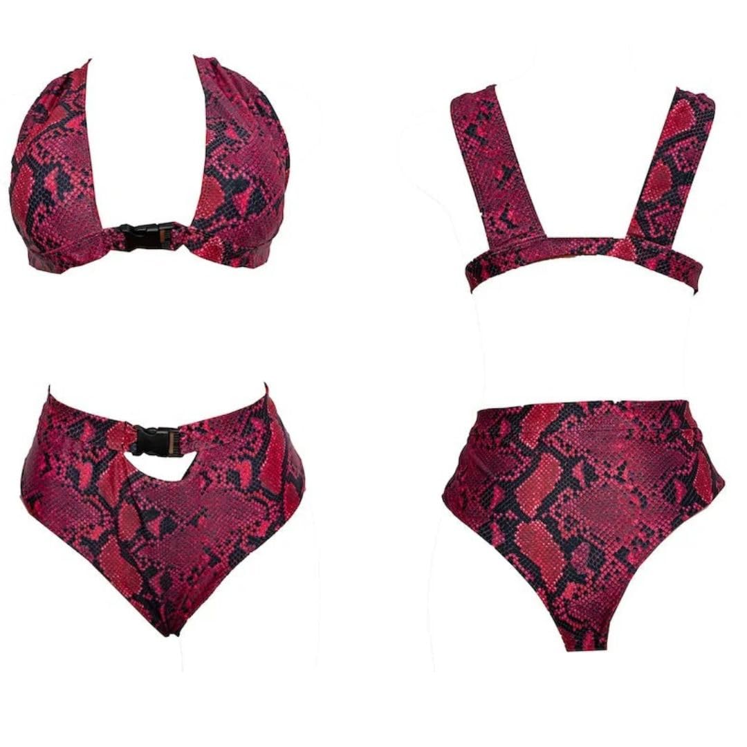 Pink Snakeskin Print Bikini Set, Adjustable Buckle Straps