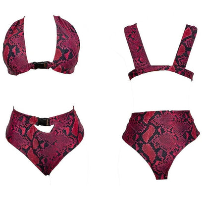 Pink Snakeskin Print Bikini Set, Adjustable Buckle Straps