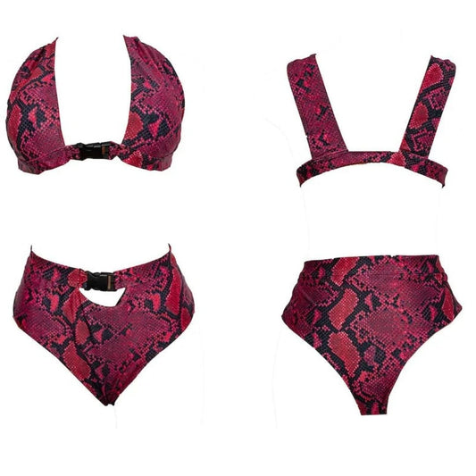 Pink Snakeskin Print Bikini Set, Adjustable Buckle Straps