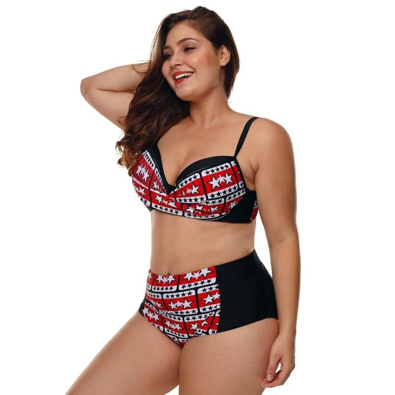 Red & White Star Print Bikini Set, Black