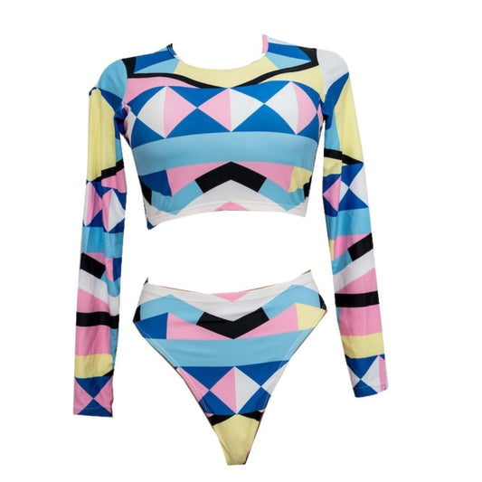 Multi-Colour Geometric Long Sleeve Bikini