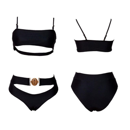 Black Bikini Set with Bandeau Top, High-Waist Bottoms, Bronze Buckle