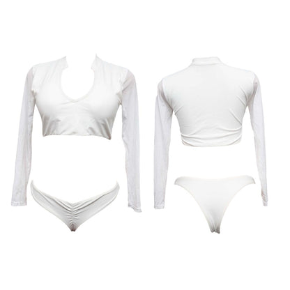 Deep V Plunge Long Sleeve Bikini with Mesh Sleeves, White