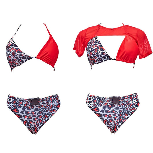 3 Piece Red Leopard Print Bikini Set with Shirt