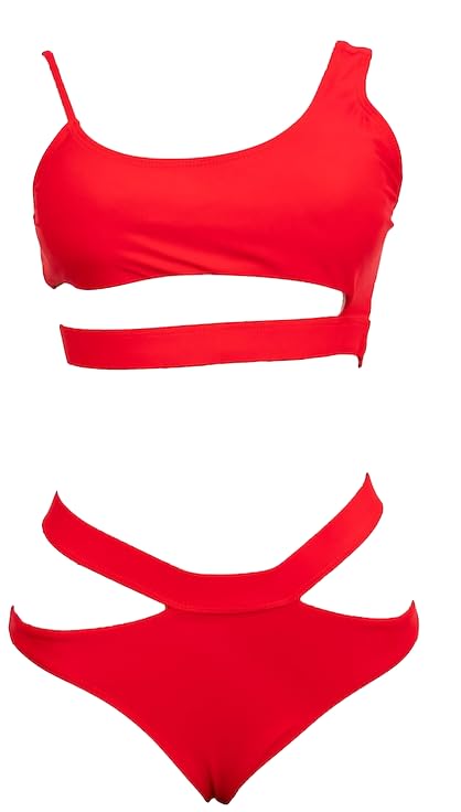 Women's Two-Piece Red Bikini Set, Cutout Bandage Style, High-Cut Design