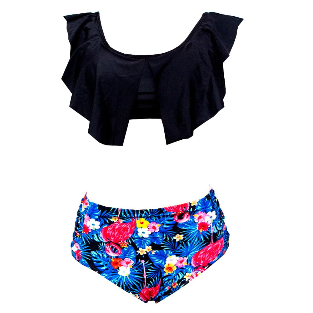 Black Ruffled Top Flamingo Bottoms Floral Bikini