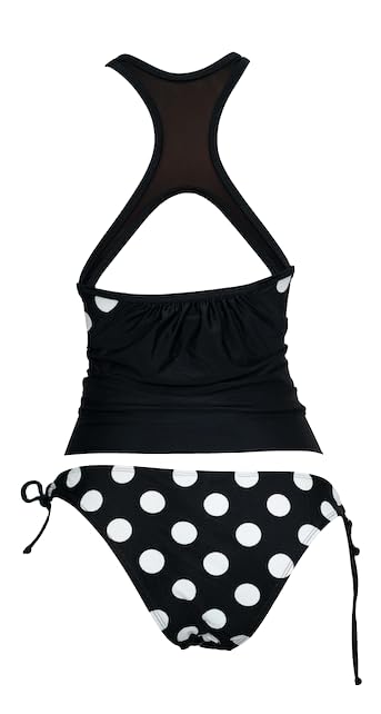 Women's Two-Piece Tankini Swimsuit, Black Top with Polka Dot Bottom, Side-Tie Design