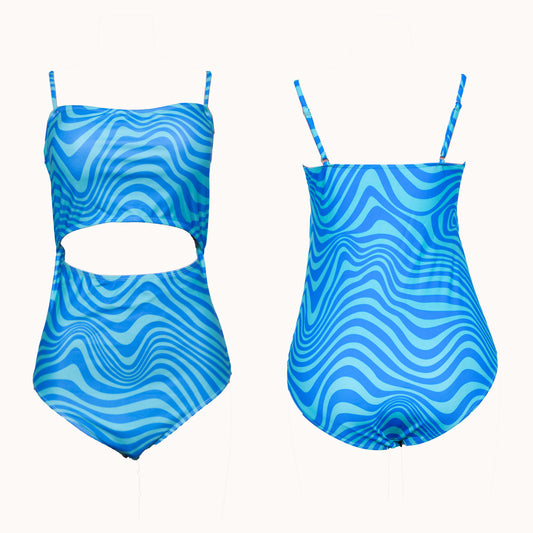 Blue Sea Waves Middle Cutout One Piece