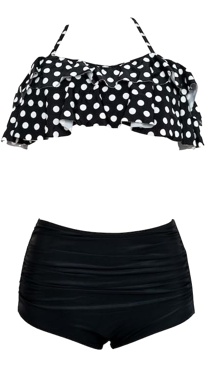 Women's High-Waisted Bikini Set, Polka Dot Flounce Top with Black Ruched Bottoms, 2-Piece Swimsuit