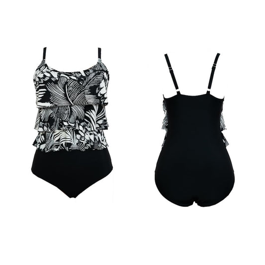 Abstract Palm Print Tankini with Ruffled Top and High-Waisted Bottoms, Black & White, 2-Piece Set