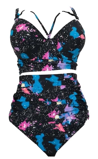 Two-Piece Galaxy Print Tankini Swimsuit, Black with Pink and Blue Cosmic Pattern