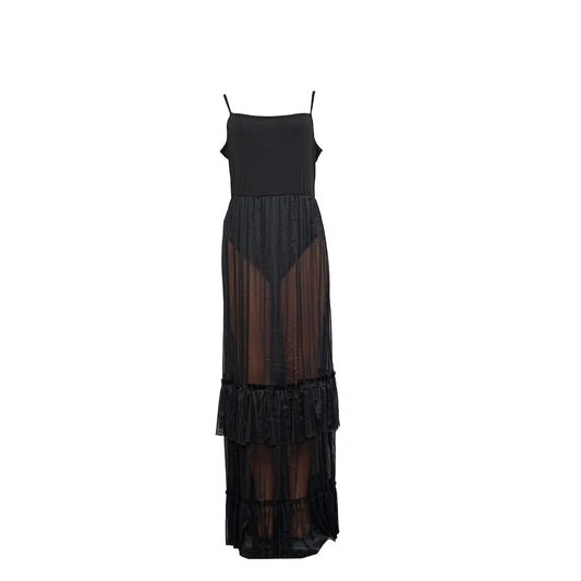 Sheer Tiered Maxi Dress with Spaghetti Straps, Black