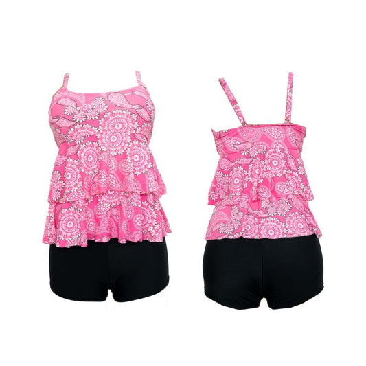 Pink Paisley Print Tankini Swimsuit Set with Tiered Top and Shorts