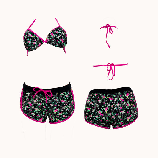 Dotted Floral Ladder Cutout Bikini Shorts