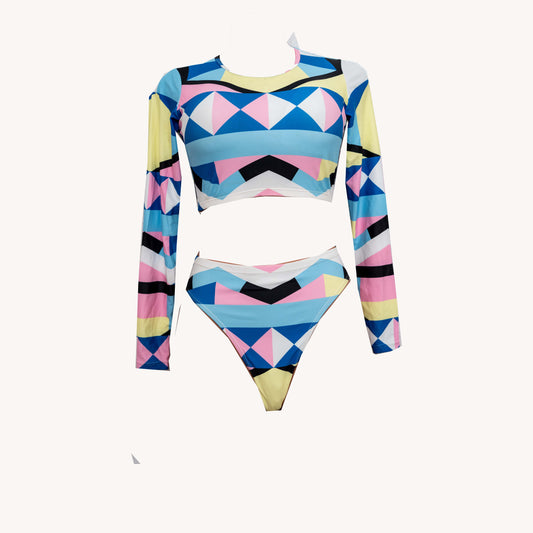 Multi-Color Geometric Long Sleeve Bikini