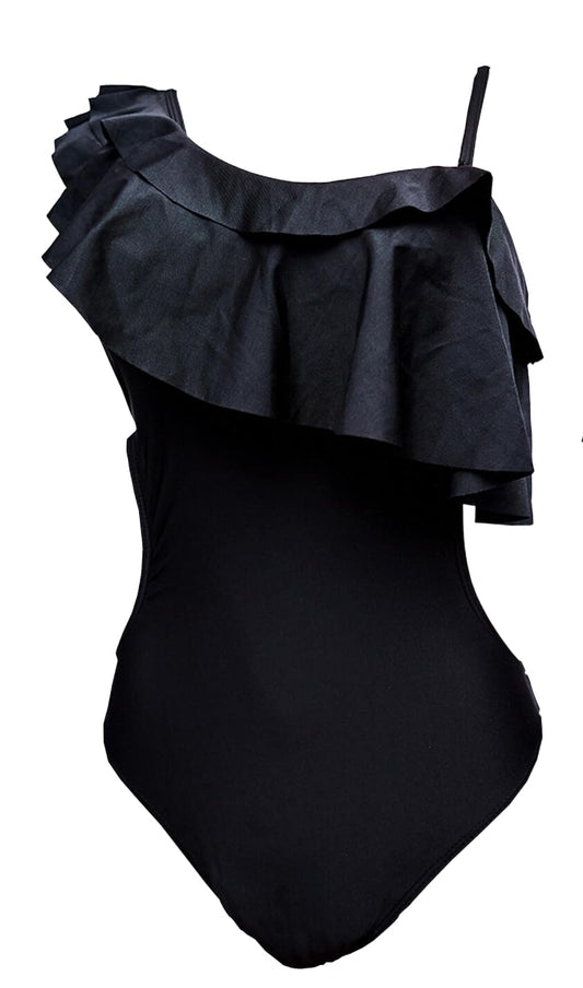 Women's One-Shoulder Ruffle Swimsuit, Black Monokini, Side Cutout Design