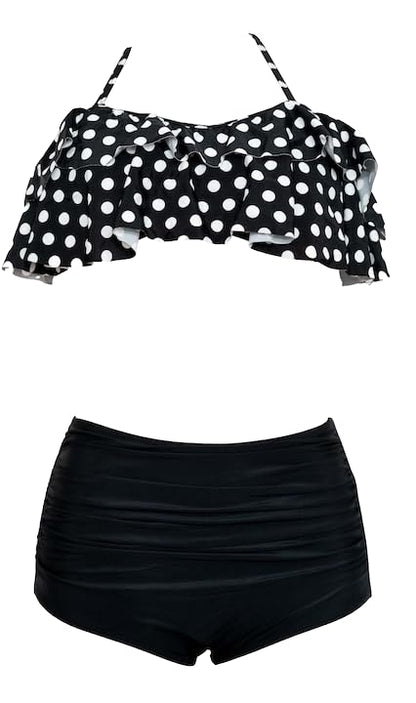 Women's High-Waisted Bikini Set, Polka Dot Flounce Top with Black Ruched Bottoms, 2-Piece Swimsuit