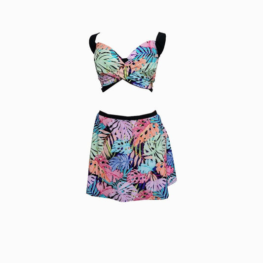Tropical Floral Print Two-Piece Bikini Set, Underwired Top and Skirt, Multicolour
