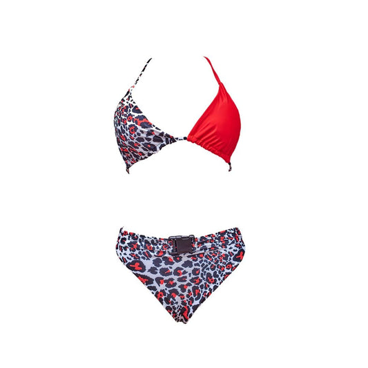 3 Piece Red Leopard Print Bikini Set with Shirt