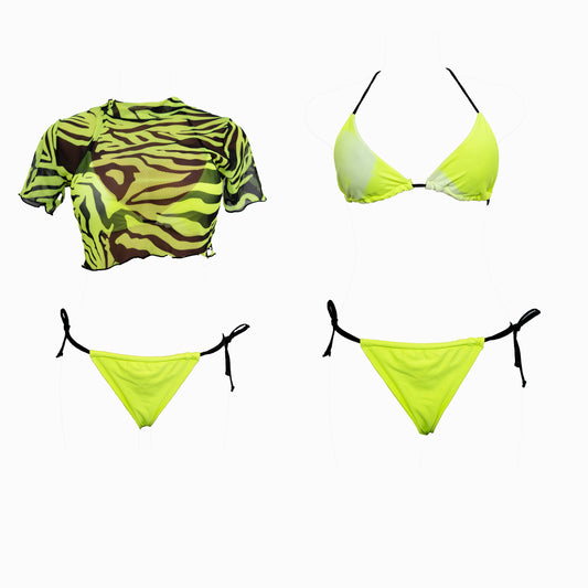 3-Piece Neon Green Bikini + Zebra Print Shirt Set