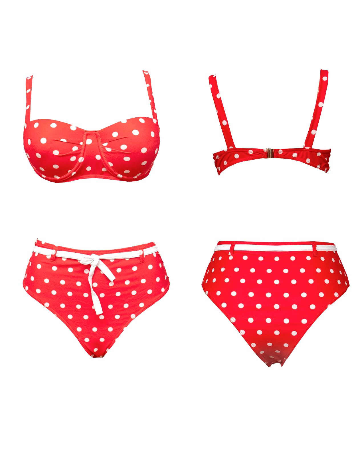 Red Polka Dot Bikini Set, Underwired Bra, High-Waisted Bottoms