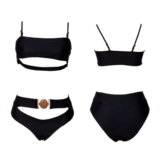 Black Bikini Set with Bandeau Top, High-Waist Bottoms, Bronze Buckle