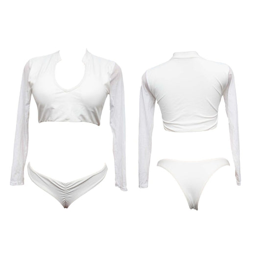 Deep V Plunge Long Sleeve Bikini with Mesh Sleeves, White