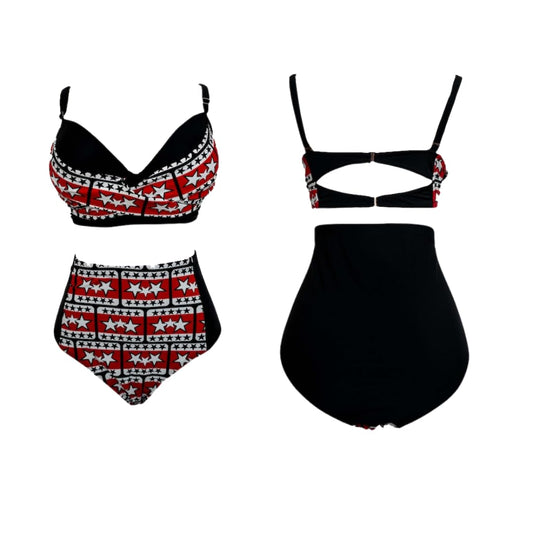 Red & White Star Print Bikini Set, Black