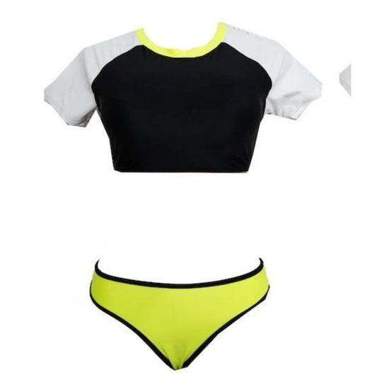 Neon Black White Lemon Bikini, Short Sleeve Top, Briefs