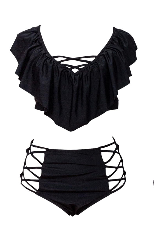 High-Waisted Bikini Set with Ruffled Top and Ladder Cutout Bottoms, Black