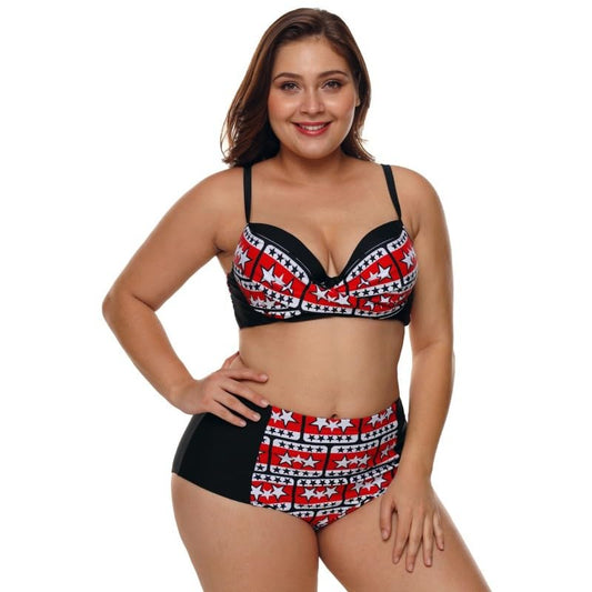 Red & White Star Print Bikini Set, Black