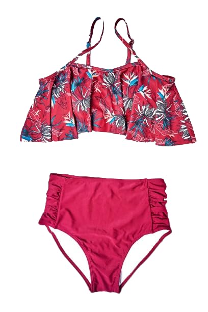 High-Waisted Two-Piece Swimsuit, Red Floral Print Top with Ruched Bottom, Ladder Cut-Out Design