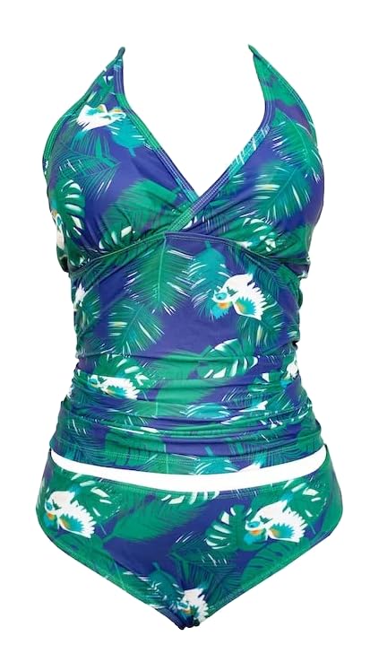 Tropical Print Tankini Swimsuit, Green and Navy Blue Leaf Pattern, Two-Piece