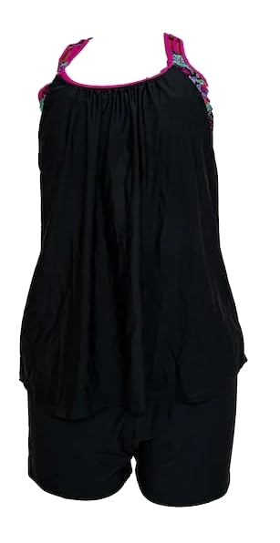 Women's Black Tankini Swimsuit with Floral Paisley Trim, Two-Piece Swimming Costume