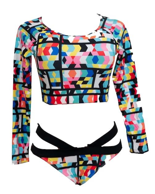 Women's Two-Piece Long Sleeve Swimsuit, Geometric Print, Multi-Colour Bandage Style Bikini Set