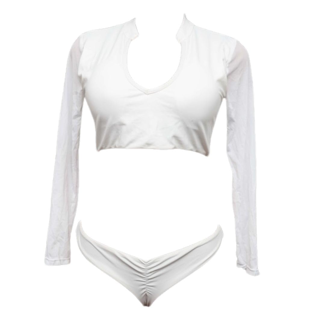 Long Sleeve Crop Top and High Waist Bikini, White