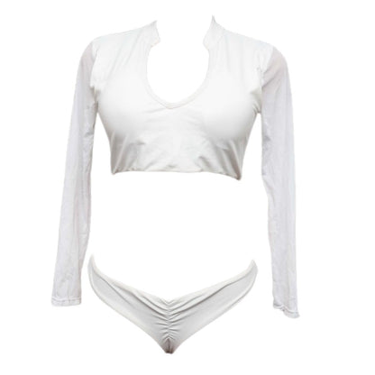 Long Sleeve Crop Top and High Waist Bikini, White