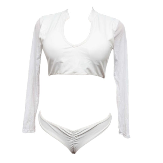 Long Sleeve Crop Top and High Waist Bikini, White